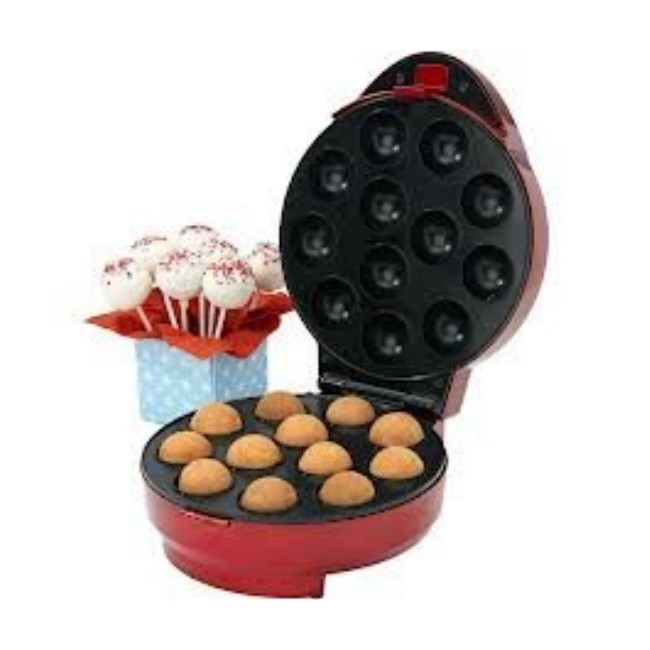 Cakepop maker gör små muffin-bollar att sätta på pinne för smaksättningsdekor, bild visar rött våffeljärn för 12 cakepop bollar, samt fördiga cakepop bollar på pinnar i ståendes i liten box.
