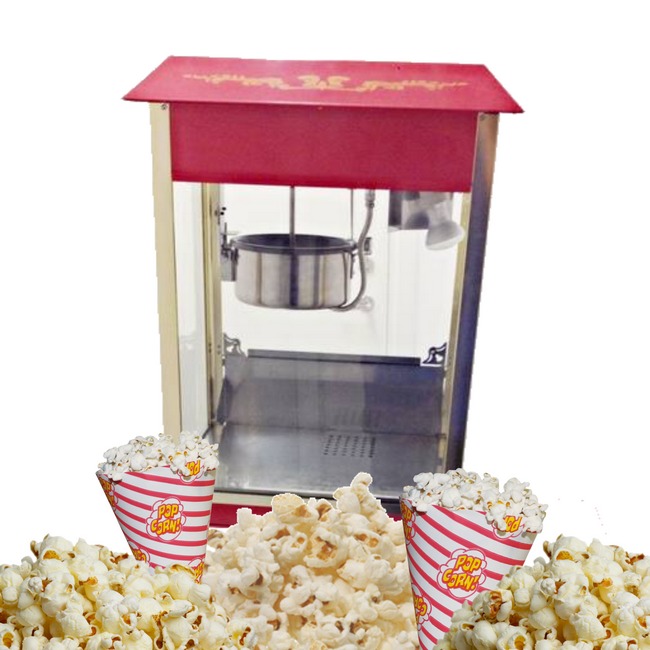 Stor röd popcornmaskin för upp till 8 ounce popcorn med varmhållningslampa, genomskinligt displayglas samt genomskinliga dörrar.